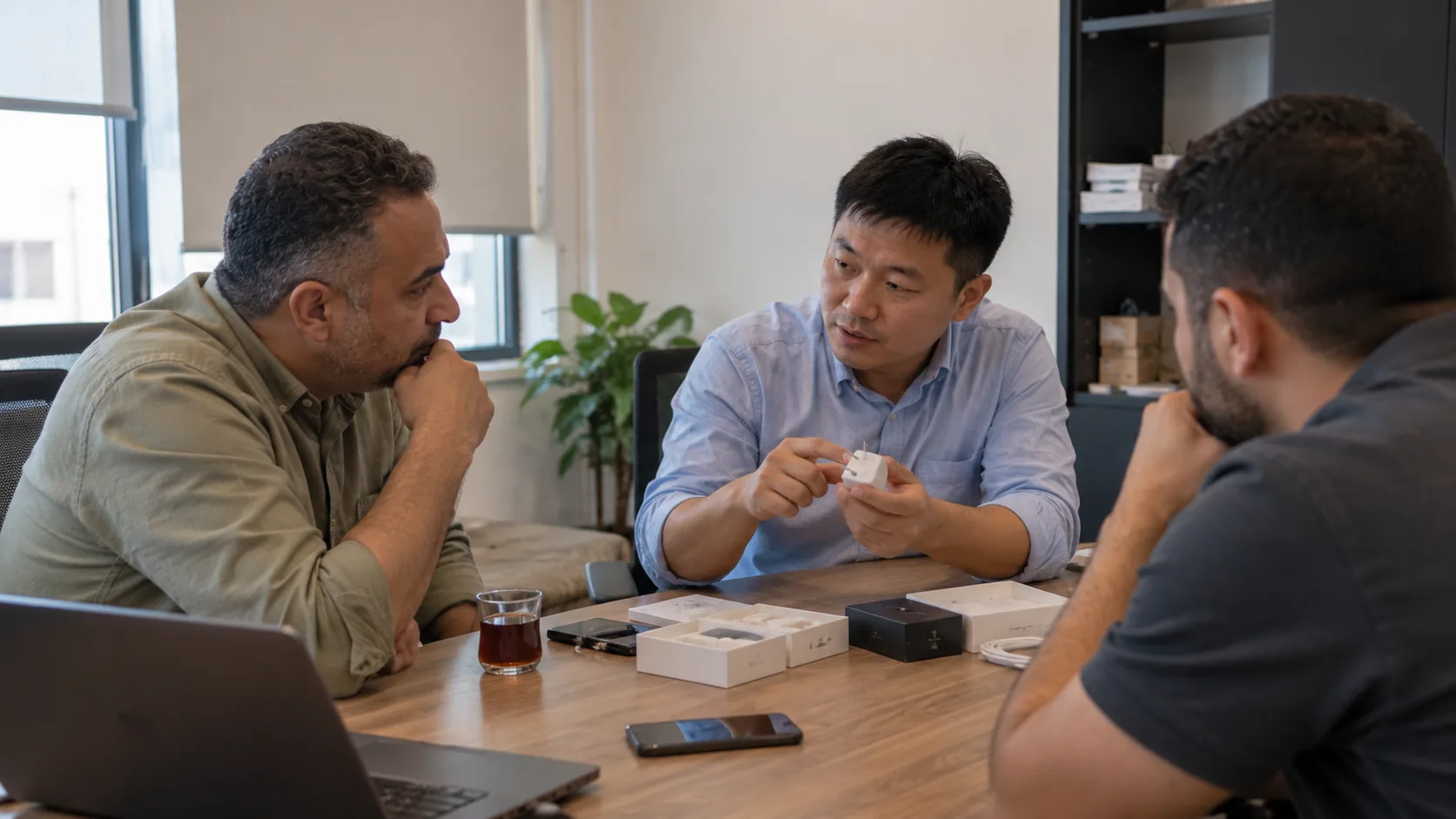 Three business partners reviewing a consumer electronics sample at a meeting